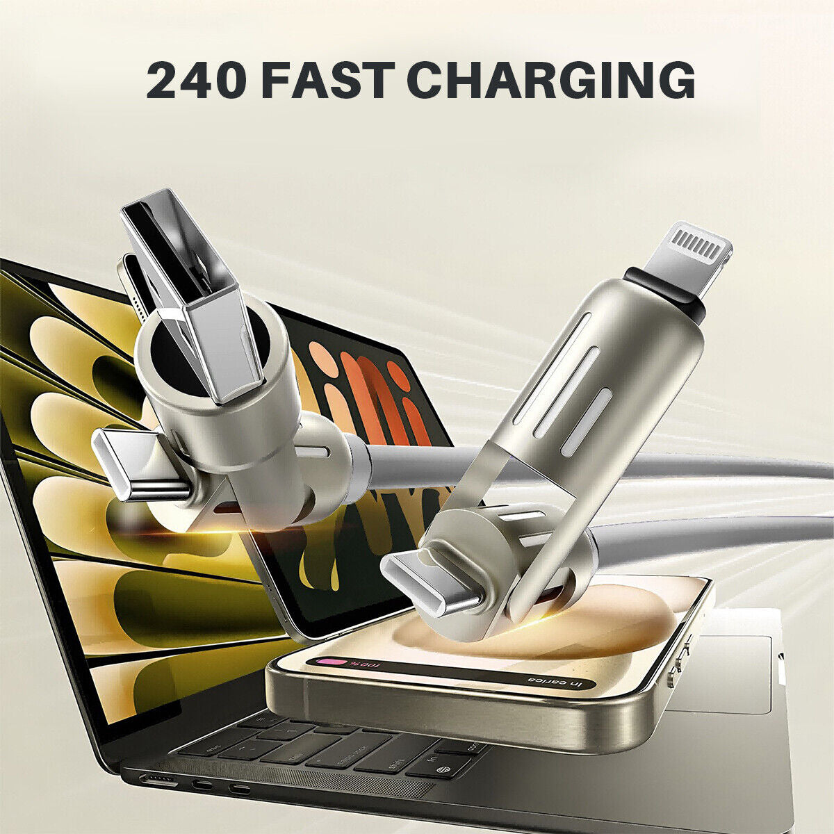 Revolutionary 4 in 1 USB C Cable: 240W Fast Charging & Data Sync with Multi-Silicone RGB Design