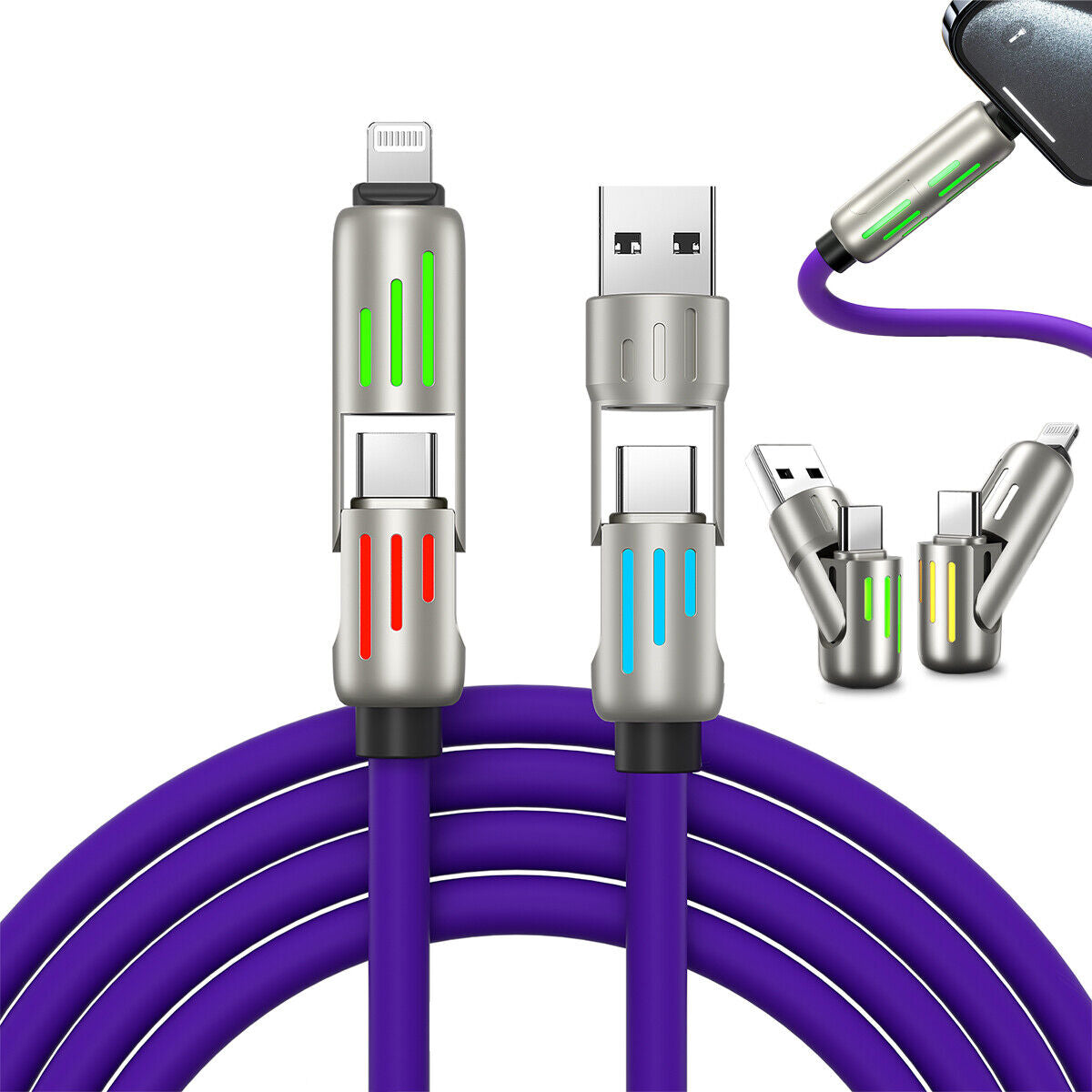 Revolutionary 4 in 1 USB C Cable: 240W Fast Charging & Data Sync with Multi-Silicone RGB Design