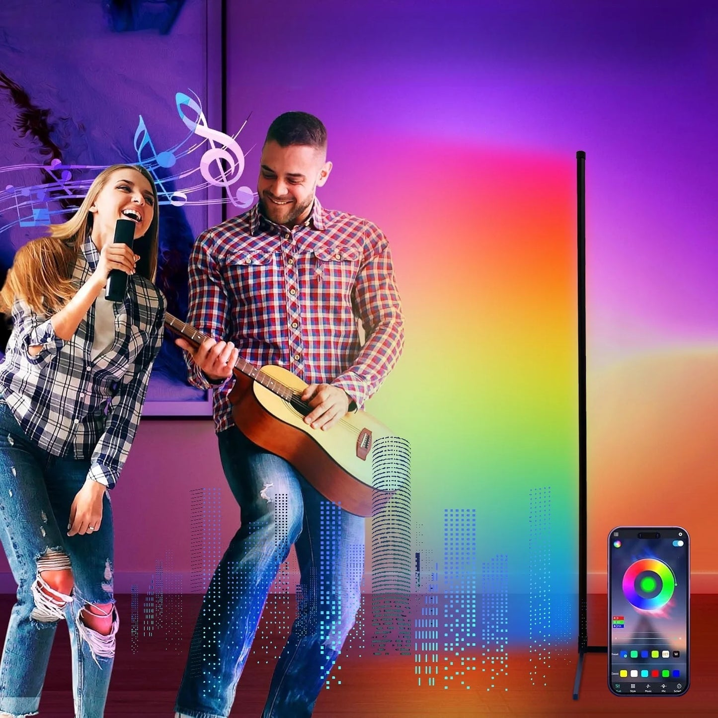Smart Led Living Room Floor Lamp Rgb Fantasy Floor Lamp Music Synchronization Application Program Control Suitable for Living Room E-Sports Room Easy to Use