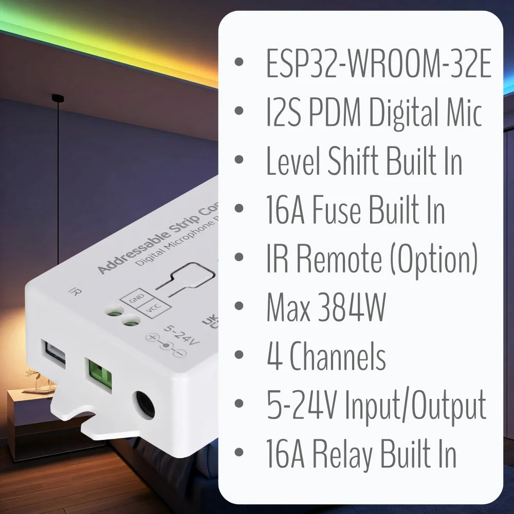 IoTorero WLED ESP32 Addressable Strip Controller 4CH 16A Relay Built In WS2811 WS2812B WS2814 WS2815 Works With Home Assistant