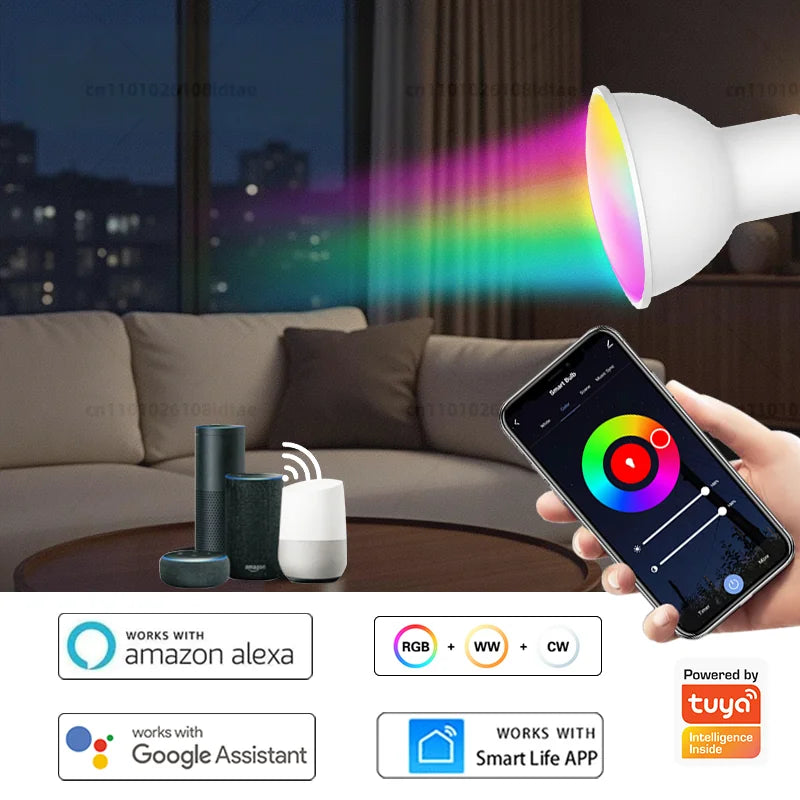 Tuya GU10 LED Bulb WiFi RGB+CW+WW Dimmable 5W Led Lamp,Smart Life APP Control Light Group Control Schedule Your Smart Lights