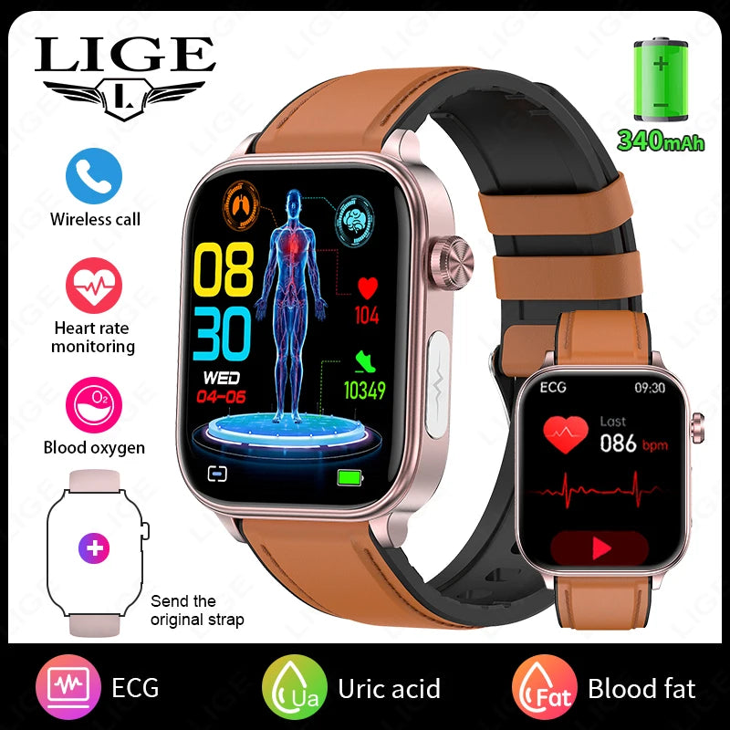 LIGE ECG+PPG Smart Watch Women Blood Lipid Uric Acid AI Diagnostic Detector Body Temperature Female Menstrual Health Tracker New