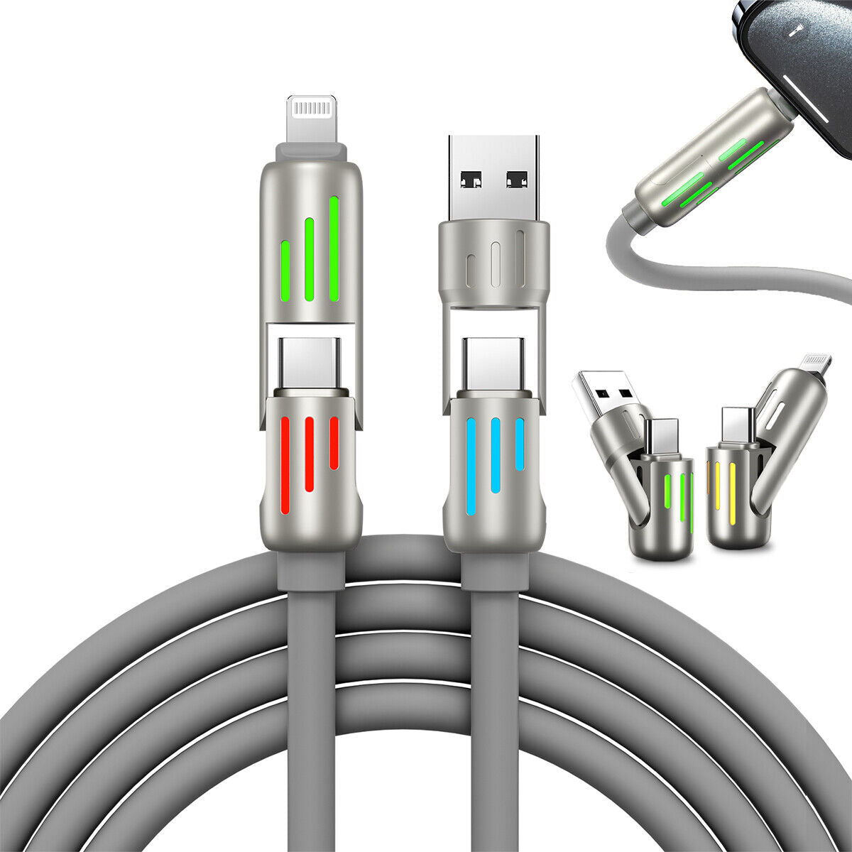 Revolutionary 4 in 1 USB C Cable: 240W Fast Charging & Data Sync with Multi-Silicone RGB Design