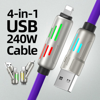 Revolutionary 4 in 1 USB C Cable: 240W Fast Charging & Data Sync with Multi-Silicone RGB Design