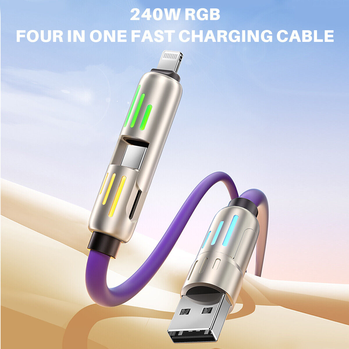 Revolutionary 4 in 1 USB C Cable: 240W Fast Charging & Data Sync with Multi-Silicone RGB Design