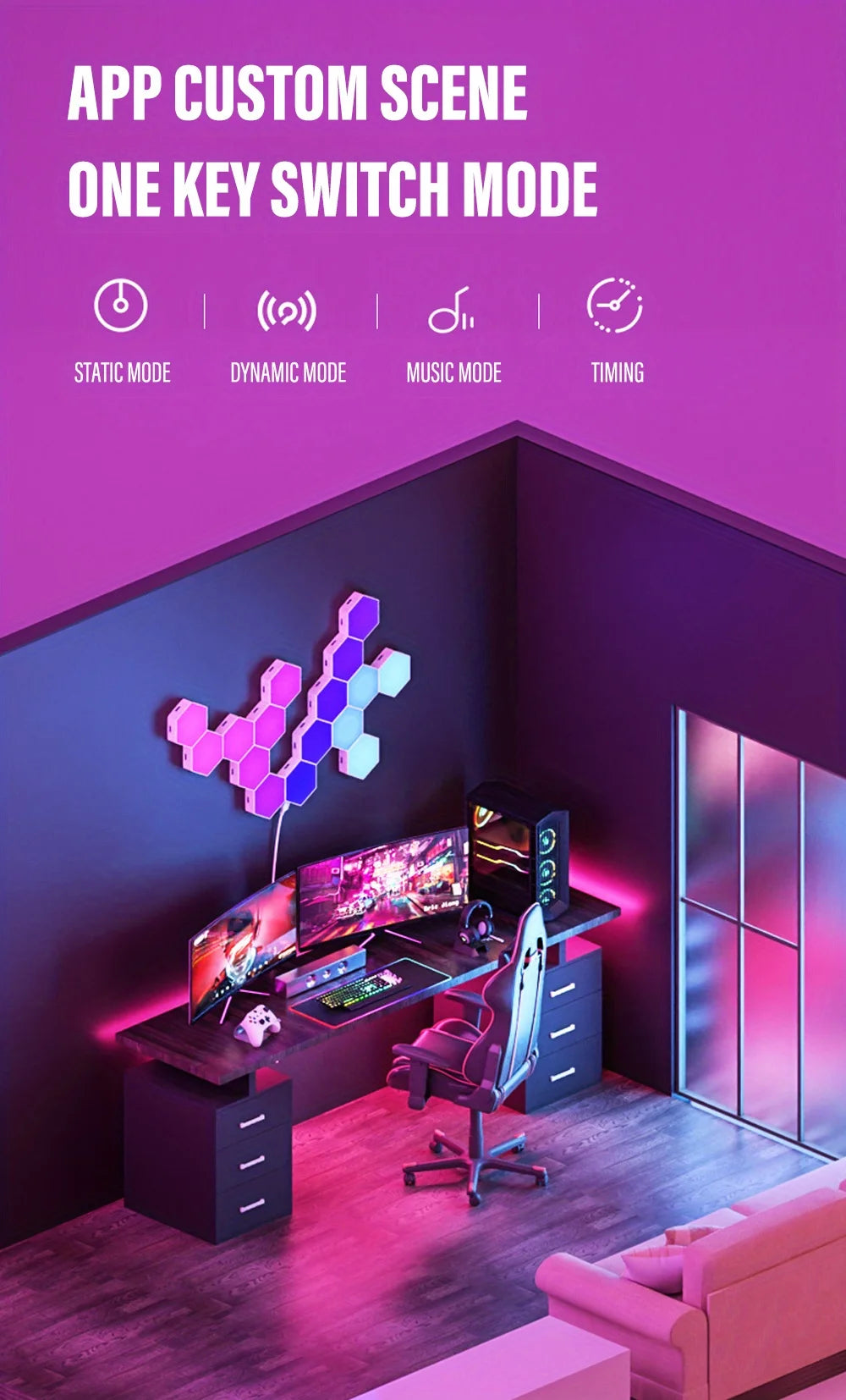 RGB Intelligent Hexagonal Wall Lamp Color-changing Ambient Night Light DYI Shape Music Rhythm APP Control For Game Room Bedroom