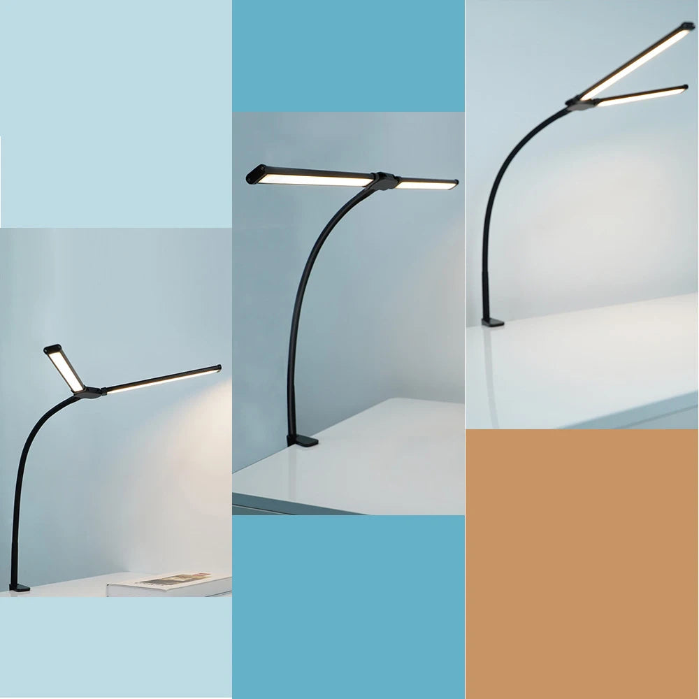 Home Office LED Desk Lamp Double Head Stepless Dimming Eye-Caring Reading Lights 3 Color Mode Flexible Adjustable PC Table Lamps