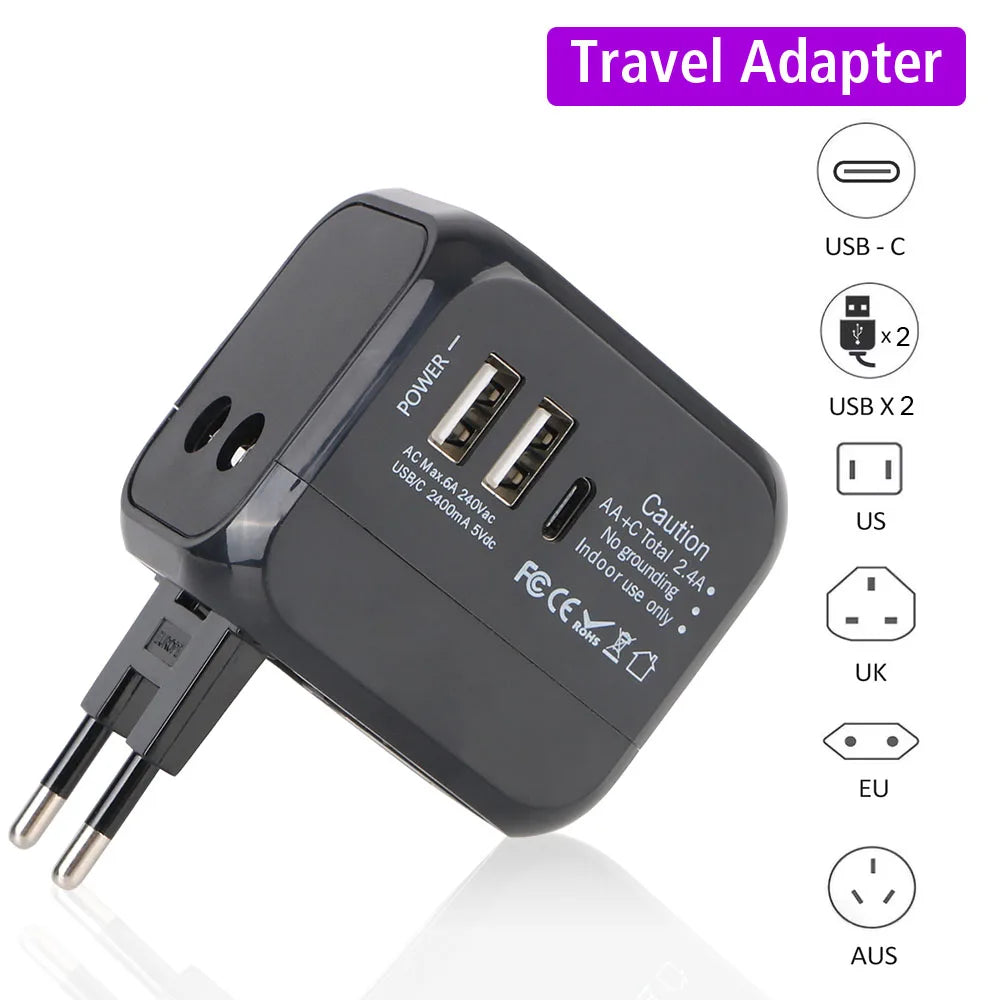 All-in-one Wall Charger Travel Adapter 6A US EU UK AU plug Travel Charger with 2 USB Port and 1 Type C Universal