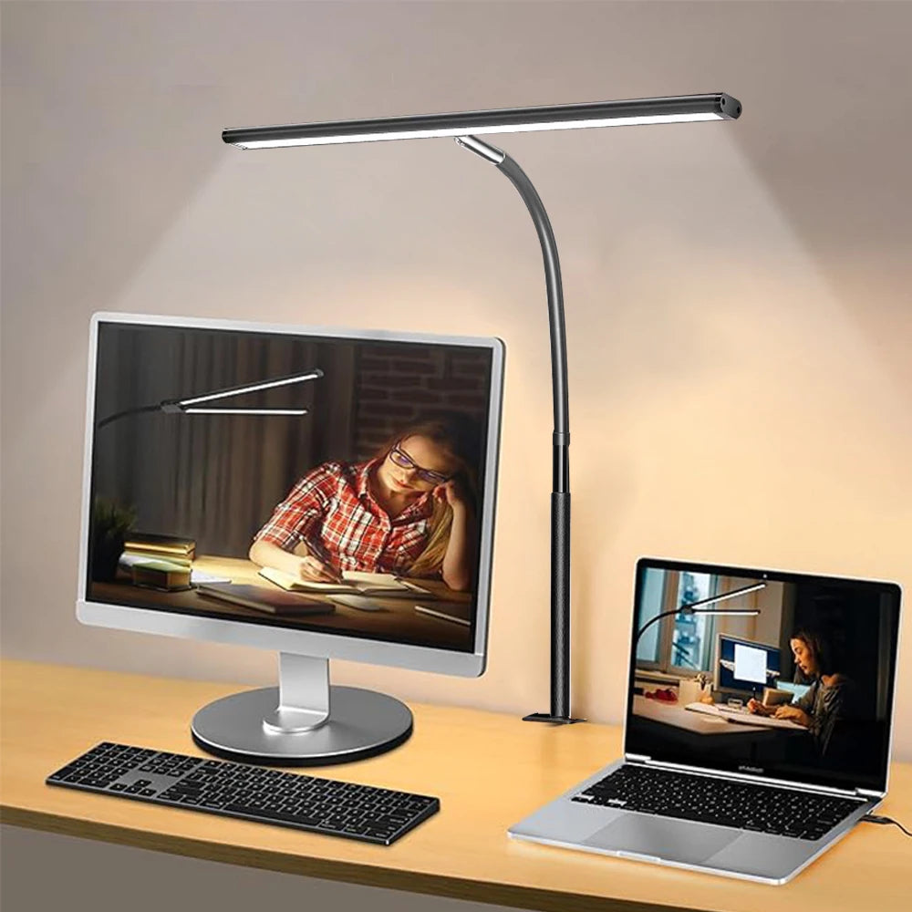 Home Office LED Desk Lamp Double Head Stepless Dimming Eye-Caring Reading Lights 3 Color Mode Flexible Adjustable PC Table Lamps