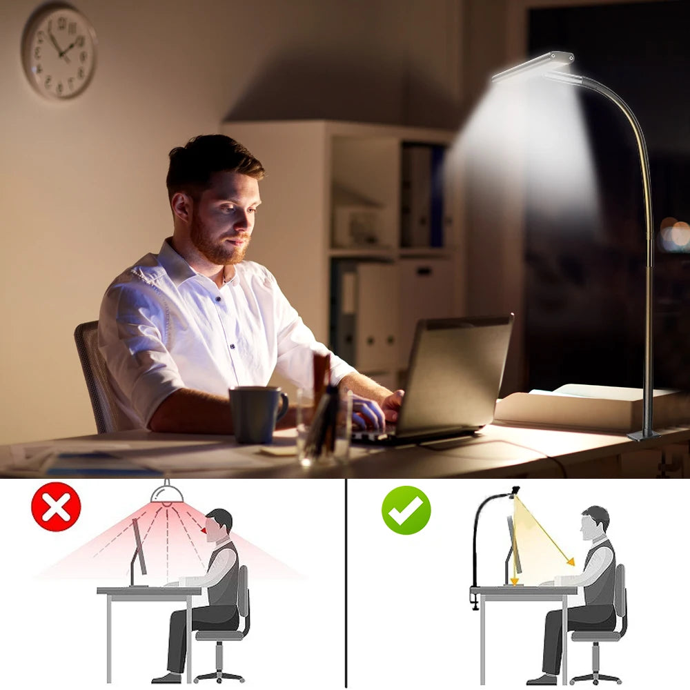 Home Office LED Desk Lamp Double Head Stepless Dimming Eye-Caring Reading Lights 3 Color Mode Flexible Adjustable PC Table Lamps