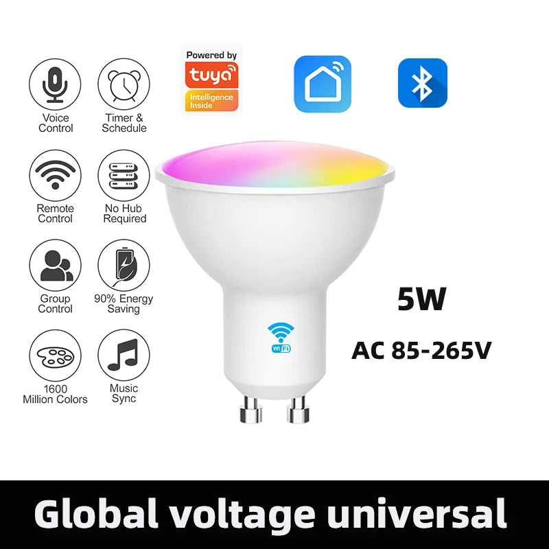 Tuya GU10 LED Bulb WiFi RGB+CW+WW Dimmable 5W Led Lamp,Smart Life APP Control Light Group Control Schedule Your Smart Lights