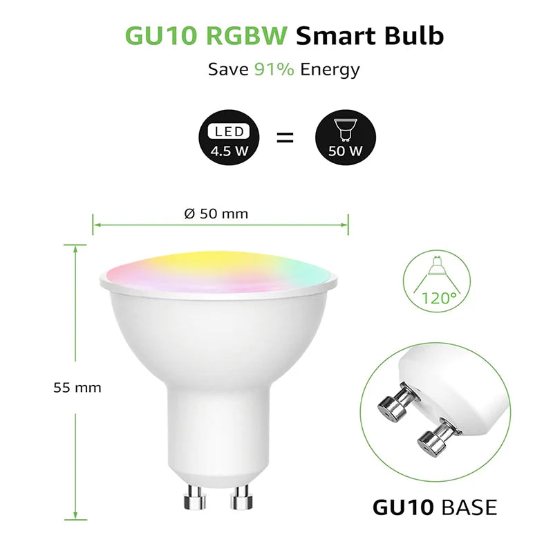 Tuya GU10 LED Bulb WiFi RGB+CW+WW Dimmable 5W Led Lamp,Smart Life APP Control Light Group Control Schedule Your Smart Lights