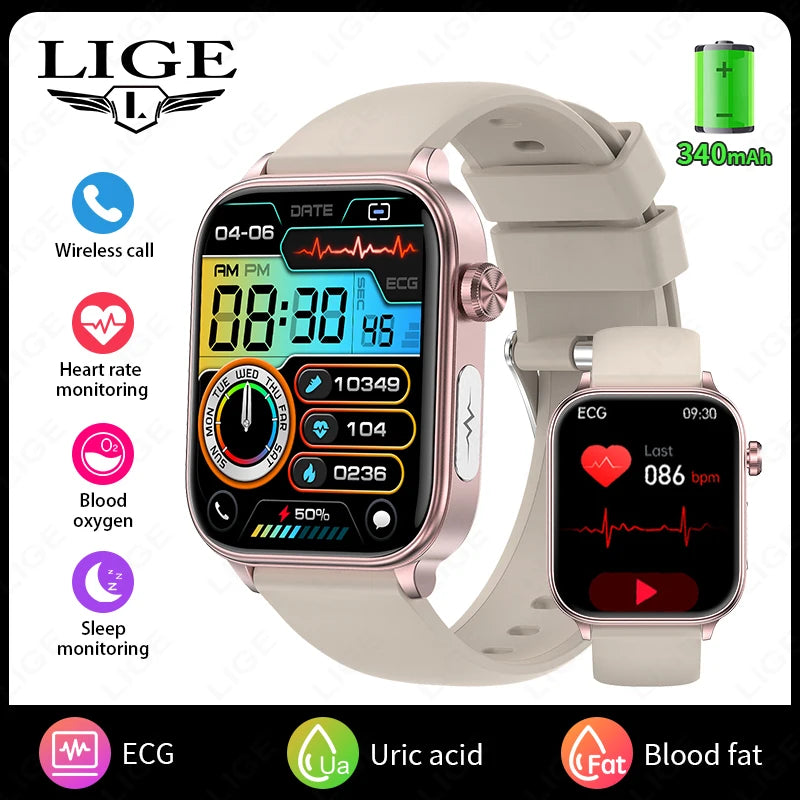 LIGE ECG+PPG Smart Watch Women Blood Lipid Uric Acid AI Diagnostic Detector Body Temperature Female Menstrual Health Tracker New