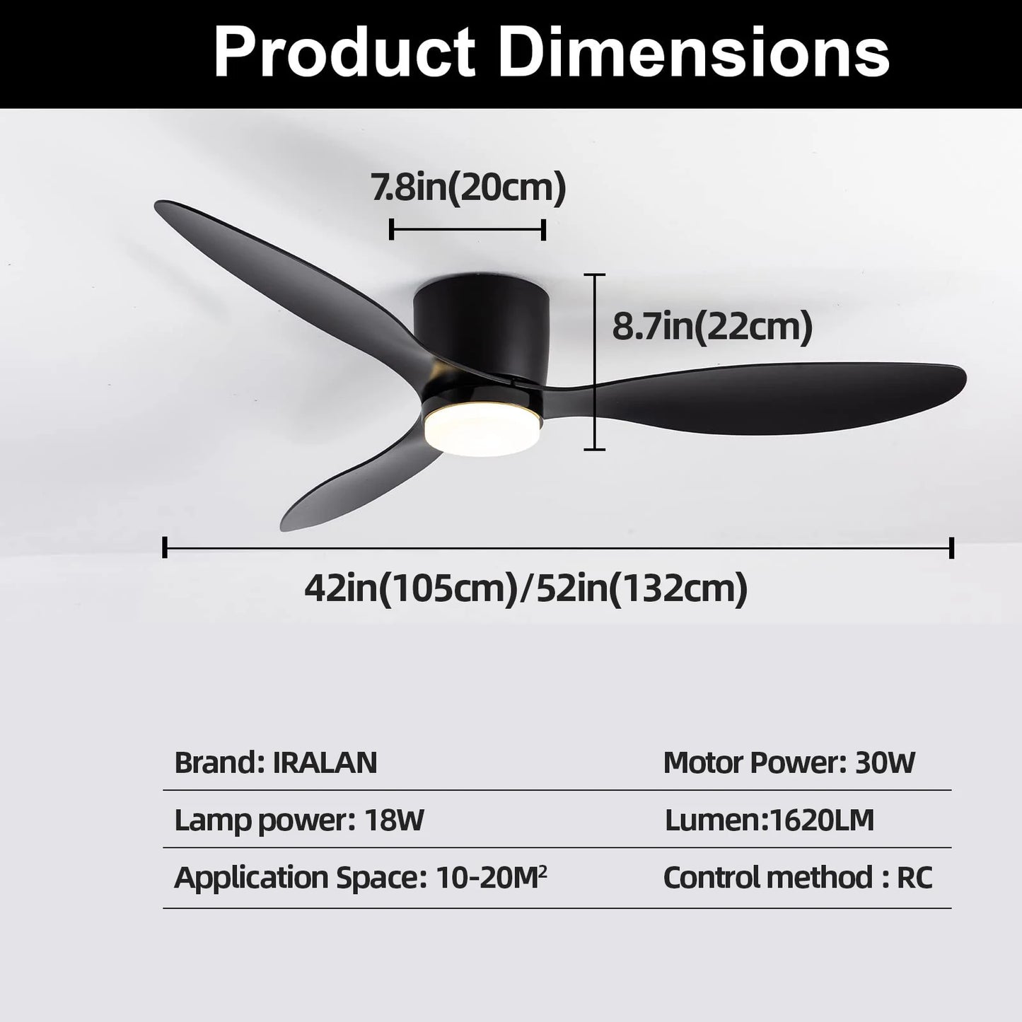 IRALAN 42/52-Inch DC Motor Ceiling Fan with LED Light Remote Control High Airflow for Kitchen Bedroom Dining Room Patio