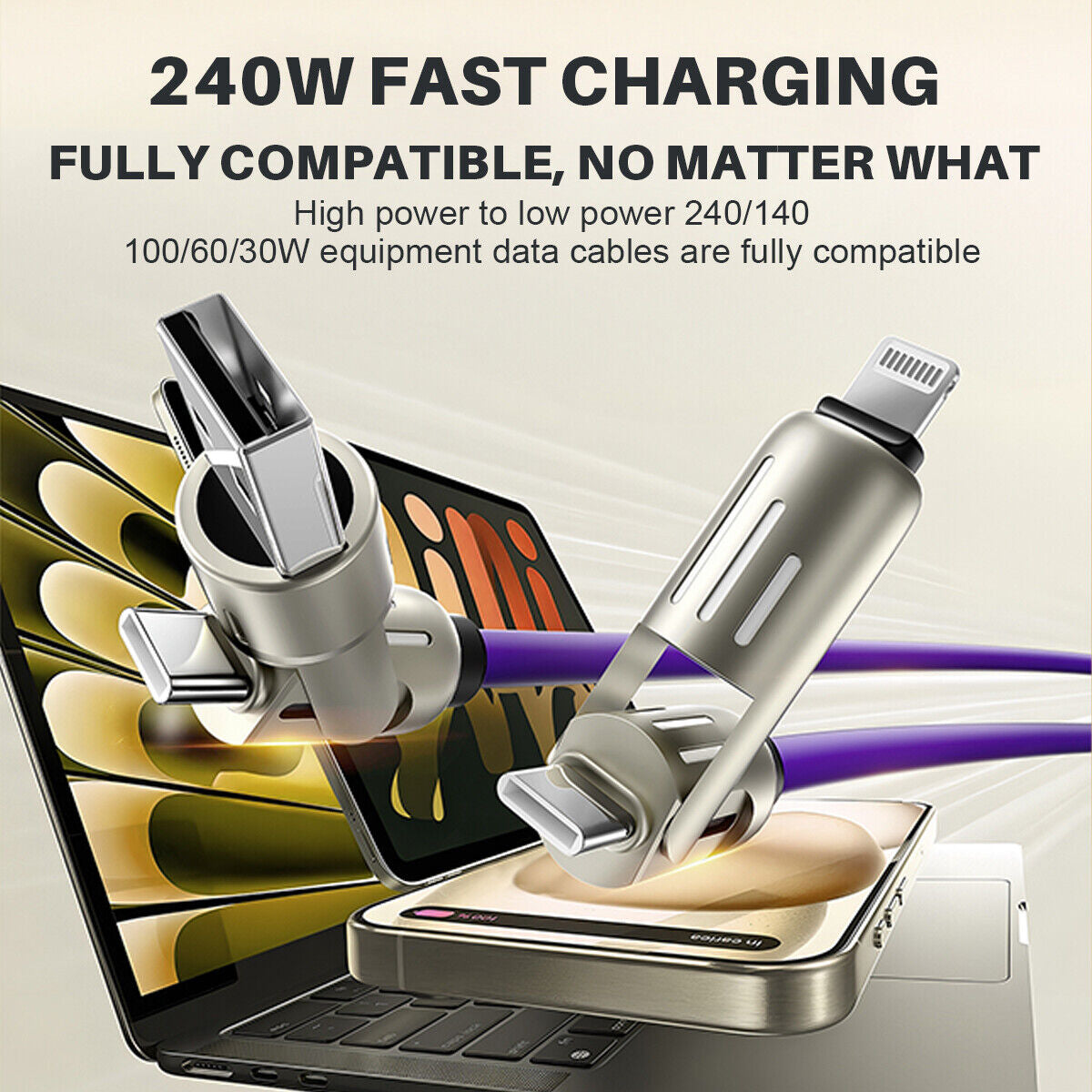 Revolutionary 4 in 1 USB C Cable: 240W Fast Charging & Data Sync with Multi-Silicone RGB Design
