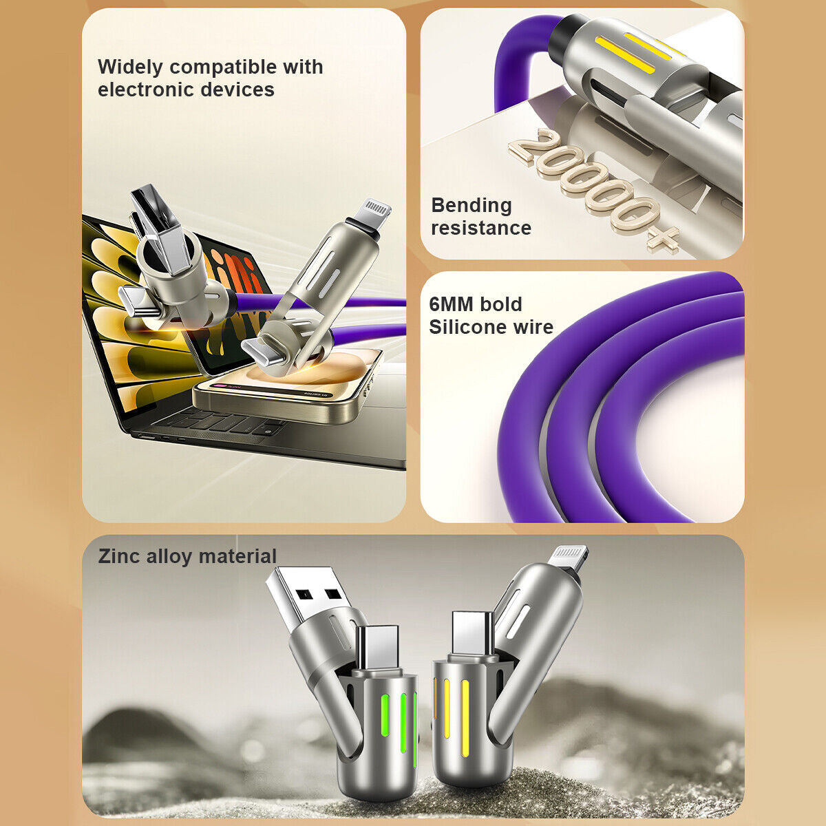 Revolutionary 4 in 1 USB C Cable: 240W Fast Charging & Data Sync with Multi-Silicone RGB Design